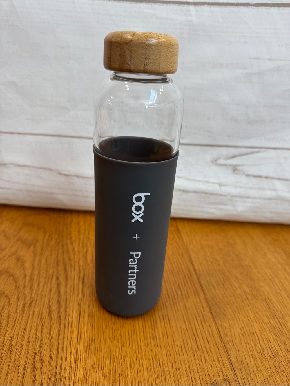 NEW SOMA Glass Water Bottle with box Logo Gray sleeve with Bamboo Lid